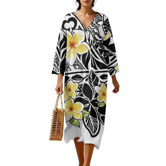COEQINE Casual Loose Dress for Women 3/4 Sleeve V-Neck Wrap, Oversized Midi Tunic Sundress Linen-Look Polyester Comfortable Day Dress, Size XL, Hawaii Polynesian Plumeria Floral