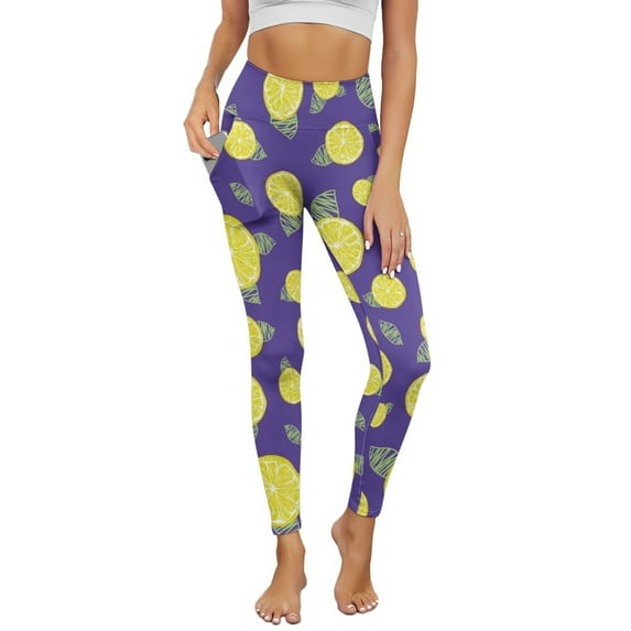 COEQINE Casual Yoga Leggings for Women with Pockets 4-Way Stretch Buttery Soft Hip Lift Active Workout Gym Pants Lemon Violet Tummy Control Breathable Tights, L