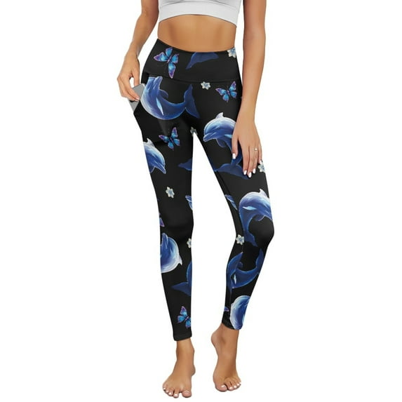 COEQINE Casual Yoga Leggings for Women with Pockets Comfortable Hip Lift Casual Gym Pants Tummy Control High Waisted Stretchy Tights, Dolphin Butterfly Flower Black, XS