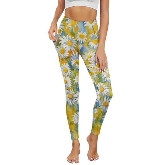 COEQINE Casual Yoga Leggings for Women with Pockets High Waisted Comfortable Tummy Control Gym Pants Buttery Soft Stretchy Hip Lift Tights, Daisy Floral Yellow Blue Tie-Dye, 3XL