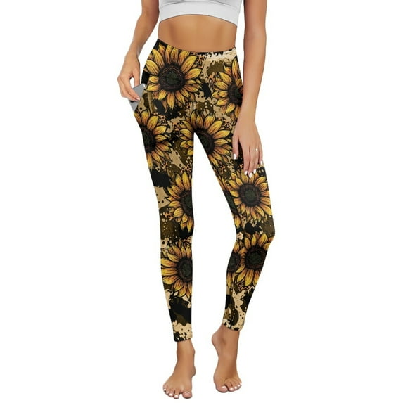 COEQINE Casual Yoga Pants for Women with Pockets High Waisted Tummy Control Buttery Soft Athletic Leggings Stretchy No See Through Hip Lift Tights, Sunflower Brown Cow Spot, S