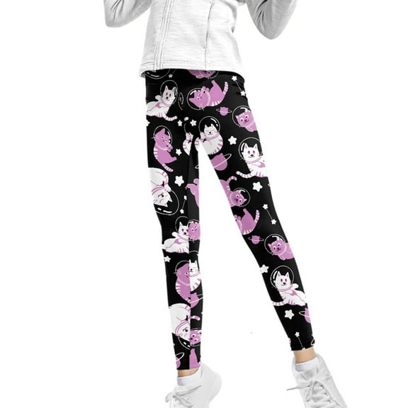 COEQINE Cat Astronaut Star Girls Yoga Pants for Dance Running Breathable Soft High Waist Athletic Leggings, for 6-7 Years Kids Girls