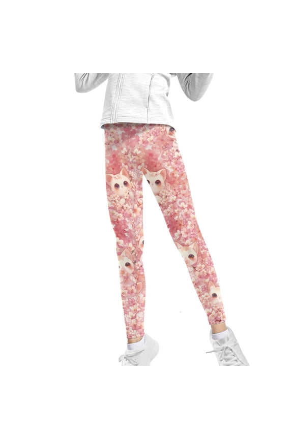 Cat Pink Flower Girls Leggings High Waist Stretch Cute Cat Yoga Pants Soft Tummy Control Sport Legging, for 6-7 Years Kids Girls