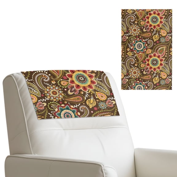 COEQINE Chair Headrest Cover Washable Faux Leather Headrest Cover for Recliners Non-Slip Furniture Protector with Hook and Loop Fasteners for Pets, 17x27 Inch, Boho Floral Paisley Pattern Khaki