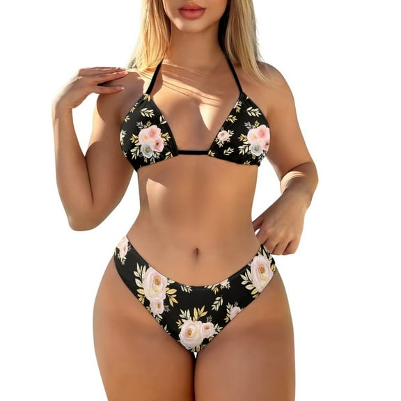 COEQINE Cheeky Bikini Sets for Women Elastic String 2 Piece High Cut Bathing Suits Light Pink Rose Leaf Black Removable Pad Allover Print Sexy Swimsuit for Beach Pool Party, S