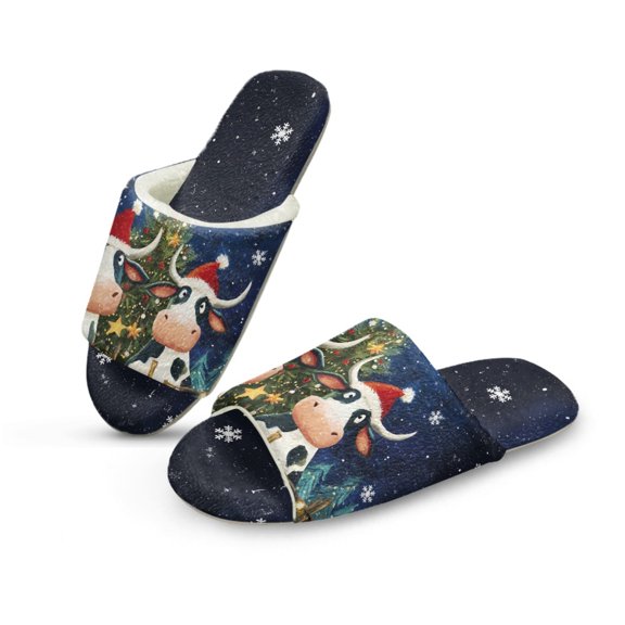 COEQINE Christmas Cow Galaxy Open Toe Slippers for Women, Comfortable Fuzzy Sandals Warm Slides Soft Indoor House Shoes for Men, Slippers Open Toe Cute Womens Footwear, 44-45