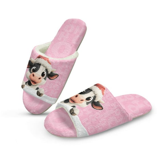 COEQINE Christmas Cow Pink Slippers for Women Comfy Fuzzy Slides Trendy Open Toe Shoes Machine Washable Slip On Slippers Women Footwear for Home Bedroom Spa Travel Hotel, 42-43