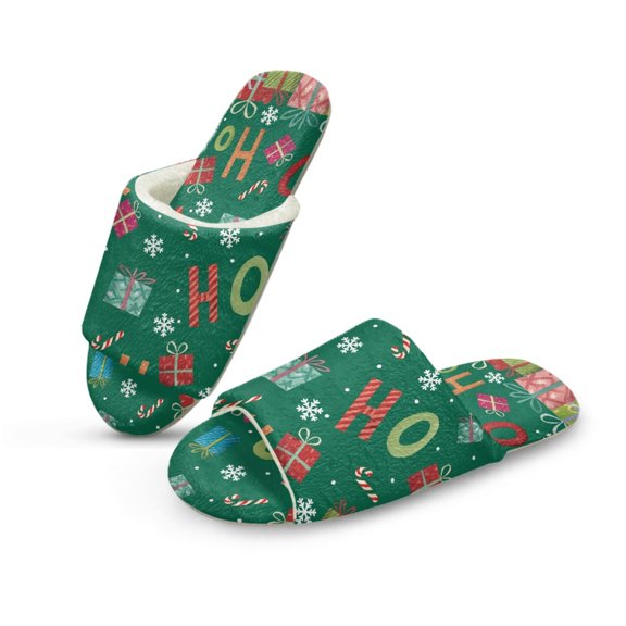 COEQINE Christmas Ho Ho Ho Green Fall Slippers for Women, Fuzzy Slides Indoor Warm Fluffy Slides Cute House Slippers Open Toe Machine Washable Slip On Bedroom Sandals for Ladies, 42-43