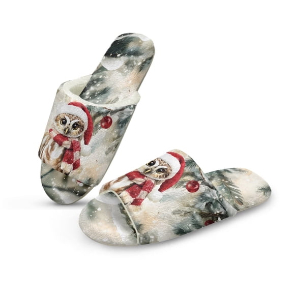COEQINE Christmas Owl Slip On Slippers for Women, Comfortable Fuzzy Sandals Y2K Open Toe Slippers Machine Washable Slip On Slides Footwear for Home Bedroom Spa Travel, 46-47
