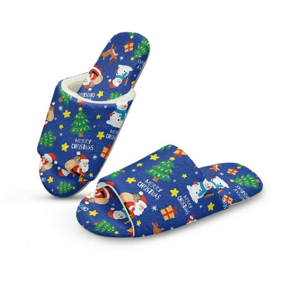 COEQINE Christmas Santa Claus Snowman Blue Womens Warm Slippers Portable Indoor Sandals Flannel House Slides Open Toe Bedroom Slippers Machine Washable Women Footwear for Business Trip, 36-37