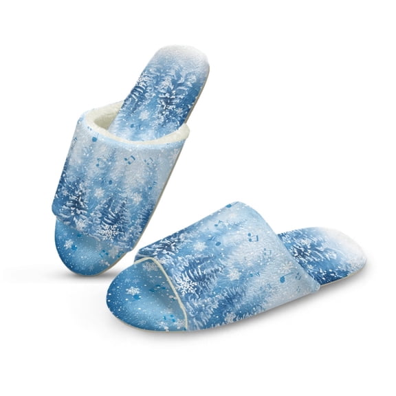 COEQINE Christmas Tree Blue Slippers for Women Fall Winter Fluffy Slippers Comfortable Open Toe House Shoes Lightweight Warm Indoor Home Slides for Travel Hotel Bedroom, 38-39