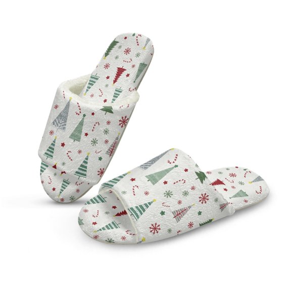COEQINE Christmas Tree White Slip On Slippers for Women, Comfortable Fuzzy Sandals Y2K Open Toe Slippers Machine Washable Slip On Slides Footwear for Home Bedroom Spa Travel, 40-41