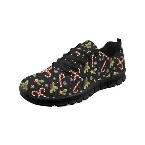 COEQINE Christmas Women Sneakers Candy Cane Holly Black Running Athletic Footwear Anti-Slip Mens Tennis Shoes for Outdoor Sports Soft Girls Training Shoes Xmas Footwear, Black