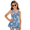 thumbnail image 1 of COEQINE Classic Tankini Style Swim Dress for Girls, U-Neckline V-Back Straps Bathing Suit with Attached Skirt, for Swim Lessons, Summer Camp, Sizes 8-9, Boho Paisley Pattern Blue, 1 of 8