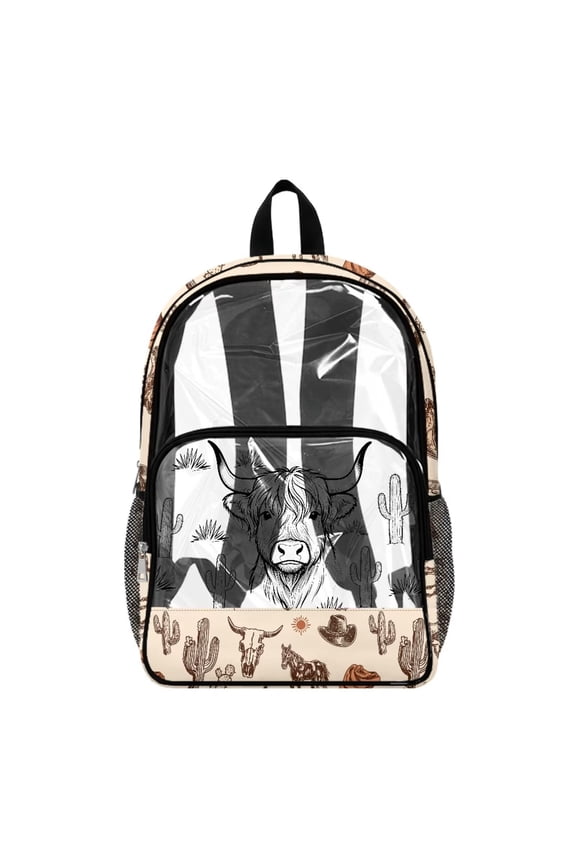 Clear Backpack 17 Inch Heavy Duty Transparent PVC Book Bag for College, Sturdy Polyester See Through School Backpack with Multiple Pockets for Kids, Western Highland Cow Cactus