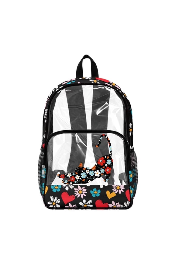 Clear Backpack 17 Inch PVC Transparent School Backpack for Kids Adults College, Lightweight Travel Bookbag for Security, Large Daypack for Work Casual, Colorful Hippie Flower Cat