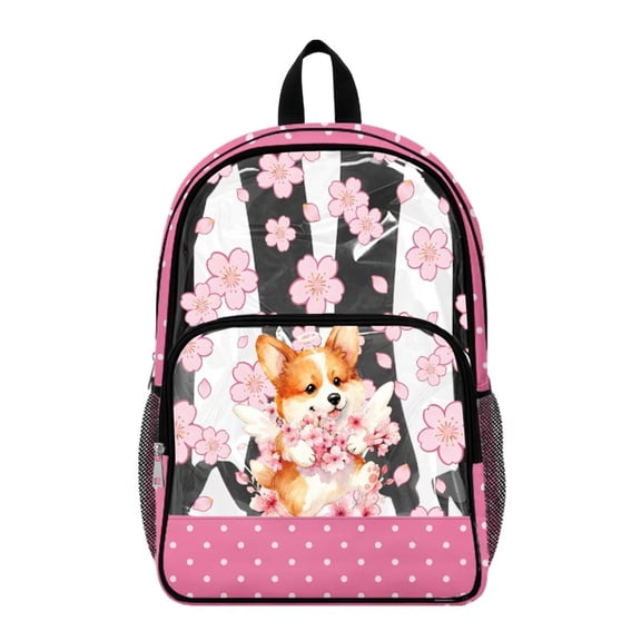COEQINE Clear Backpack 17 Inch Transparent Polyester PVC Backpack for School, Heavy Duty Lightweight Travel Daypack, Large Bookbag Work Bag for Girls, Corgi Cherry Blossom Pink Polka Dots