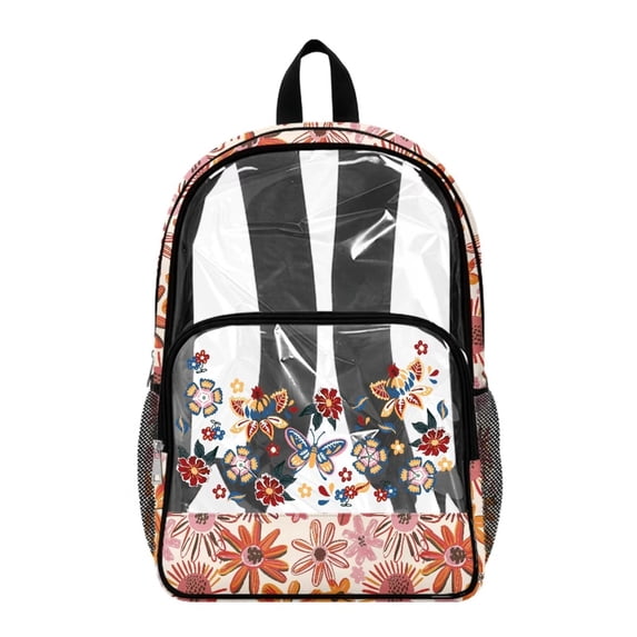 COEQINE Clear Backpack Heavy Duty for School Transparent PVC & Polyester Backpack 17 Inch Large Daypack Schoolbag Work Bag with Multiple Pockets for Women, Boho Flower Butterfly