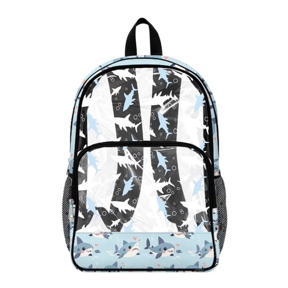 COEQINE Clear Backpack Heavy Duty for School Transparent PVC & Polyester Backpack 17 Inch Large Daypack Schoolbag Work Bag with Multiple Pockets for Women Kids, Cute Shark Blue