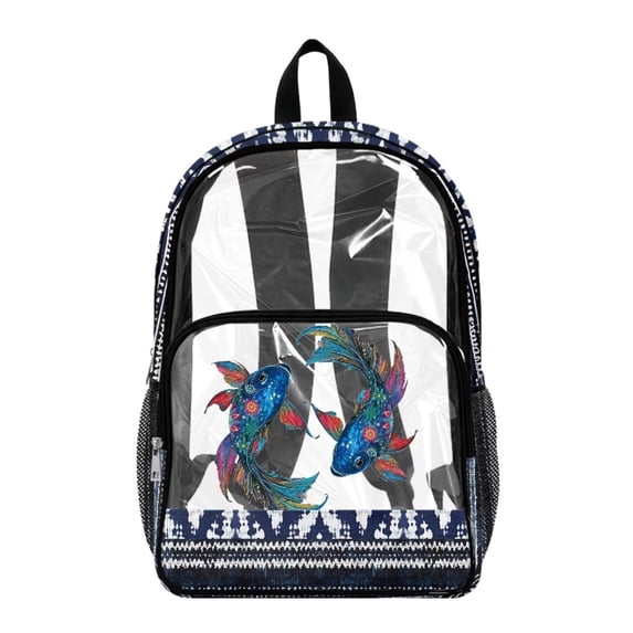 COEQINE Clear Backpack Heavy Duty for School Transparent PVC & Polyester Backpack 17 Inch Large Daypack Schoolbag Work Bag with Multiple Pockets for Women, Mandala Koi Fish Blue