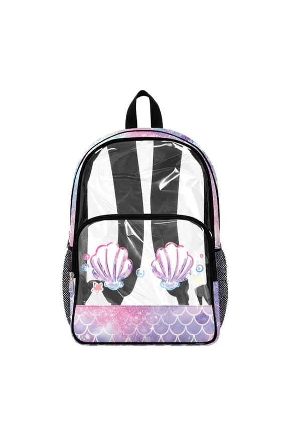 Clear Backpack Heavy Duty for Women Girls, See Through School Backpack for Sport, 17 Inch Large Bookbag Daypack for High School & College, Sea Shell Mermaid Scales