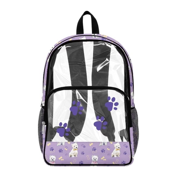 COEQINE Clear Backpack for School Bookbag PVC Polyester See Through Book Bag with Padded Shoulder Straps, Heavy Duty Work Bag Transparent Daypack, West Highland Terrier Paw Purple