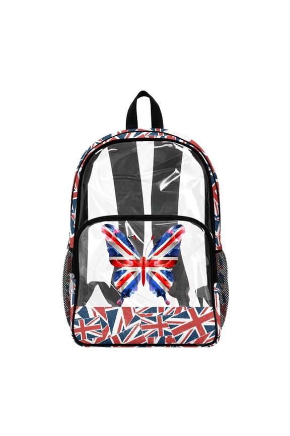 Clear Backpack for School Girls PVC Transparent Backpack for Women, 17 Inch Large See Through Book Bag Heavy Duty Daypack for Casual Sport Beach, UK British Flag Union Jack Butterfly