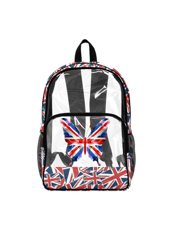 Clear Backpack for School Girls PVC Transparent Backpack for Women, 17 Inch Large See Through Book Bag Heavy Duty Daypack for Casual Sport Beach, UK British Flag Union Jack Butterfly