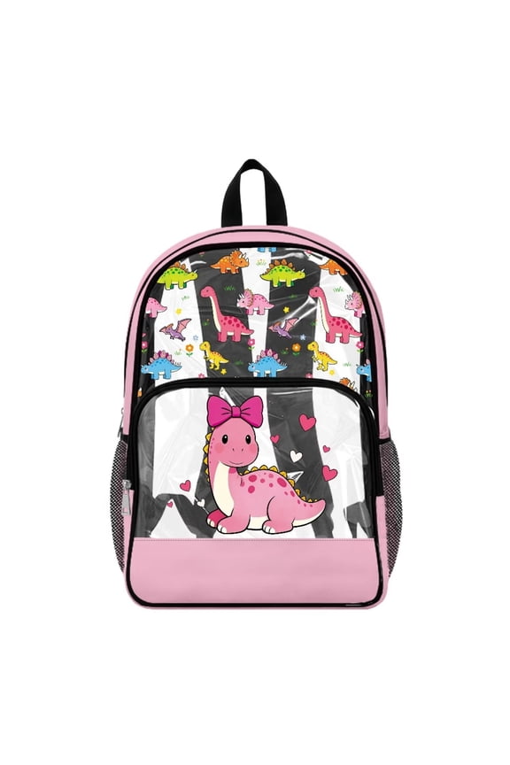 Clear Backpack for School Girls Transparent Bookbag College Backpack with 2 Water Holders, Heavy Duty Daypack Extra Large See Through Bag for Sport Beach, Dinosaur Heart Pink