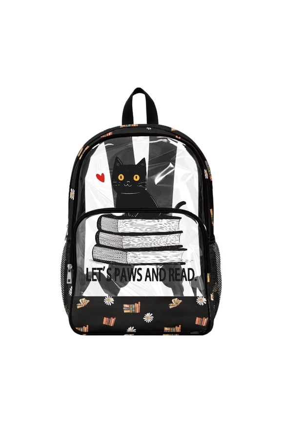 Clear Backpack for School Heavy Duty PVC Transparent Book Bag for Girls, 17 Inch Large See Through Bookbag with Reinforced Straps College Schoolbag, Paws and Read Black Cat