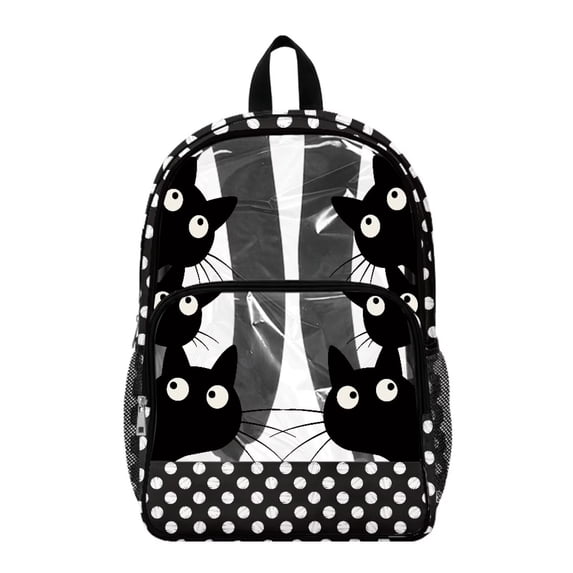 COEQINE Clear Backpack for School Multi-Pocket Bookbag PVC Polyester See Through Book Bag with Padded Shoulder Straps, Heavy Duty Work Bag Transparent Daypack, Black Cat Polka Dots