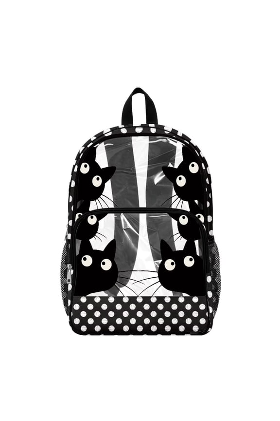 Clear Backpack for School Multi-Pocket Bookbag PVC Polyester See Through Book Bag with Padded Shoulder Straps, Heavy Duty Work Bag Transparent Daypack, Black Cat Polka Dots