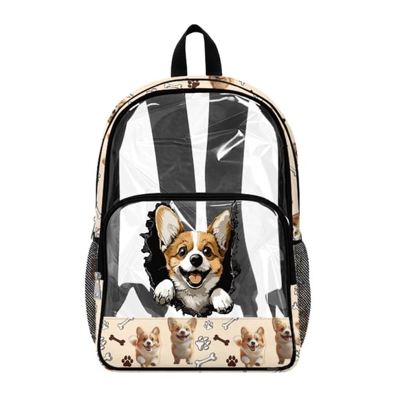 COEQINE Clear Backpack for School Multi-Pocket Bookbag PVC Polyester See Through Book Bag with Padded Shoulder Straps, Heavy Duty Work Bag Transparent Daypack, Cute Corgi Dog