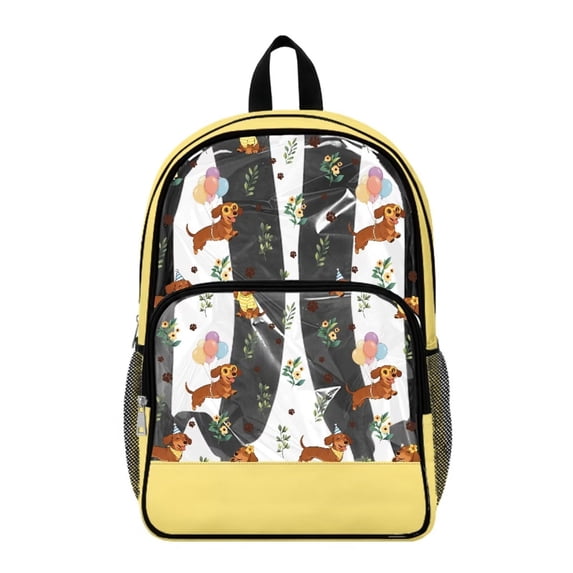 COEQINE Clear Backpack for School Multi-Pocket Bookbag PVC Polyester See Through Book Bag with Padded Shoulder Straps, Heavy Duty Work Bag Transparent Daypack, Dachshund Floral Yellow