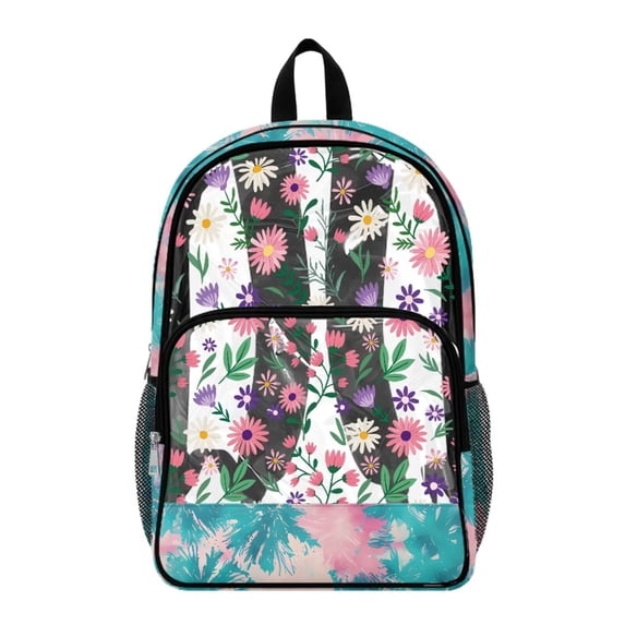 COEQINE Clear Backpack for School Multi-Pocket Bookbag PVC Polyester See Through Book Bag with Padded Shoulder Straps, Heavy Duty Work Bag Transparent Daypack for Girls, Pink Purple Daisy Floral