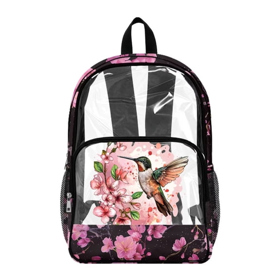 COEQINE Clear Backpack for School Multi-Pocket Bookbag PVC Polyester See Through Book Bag with Padded Shoulder Straps, Heavy Duty Work Bag Transparent Daypack, Hummingbird Cherry Blossom