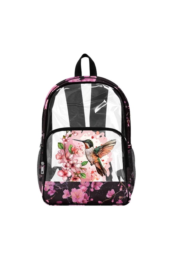 Clear Backpack for School Multi-Pocket Bookbag PVC Polyester See Through Book Bag with Padded Shoulder Straps, Heavy Duty Work Bag Transparent Daypack, Hummingbird Cherry Blossom