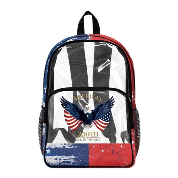 COEQINE Clear Backpack for Women Girls, 17 Inch Large Transparent Backpack with Multiple Pockets, Heavy Duty PVC Daypack for Work Travel 4th of July, Eagle American Flag Retro