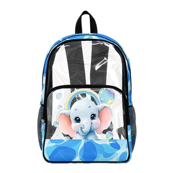 COEQINE Clear Book Bag for College Travel, 17 Inch See Through Large Backpack for Stadium, PVC Polyester Travel Backpack for Women, Casual Daypack for Work School, Elephant Rainbow Bubble