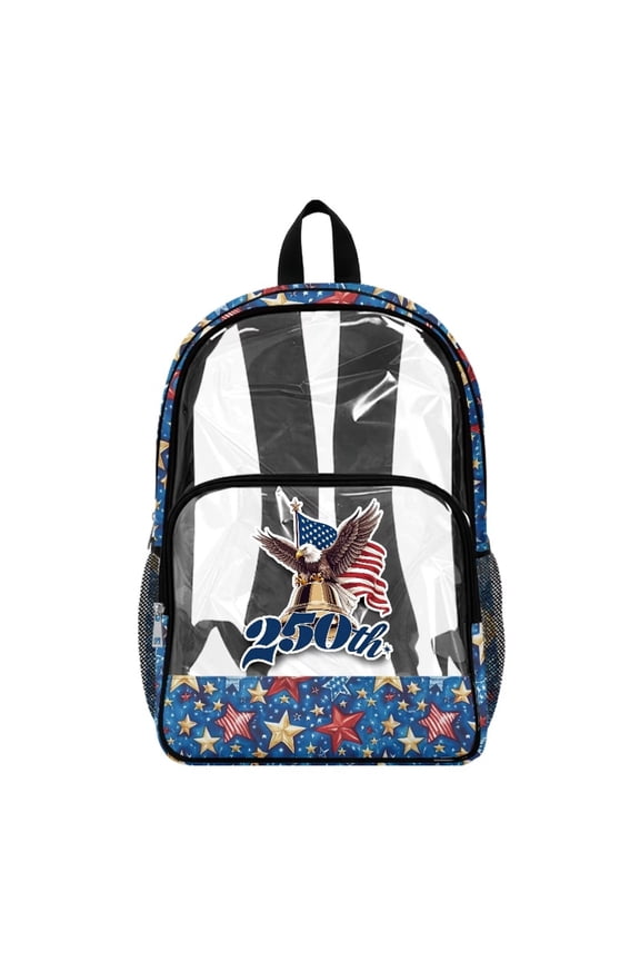 Clear School Backpack 4th of July Transparent Bookbag for School, 17 Inch Extra Large Daypack See Through Bag with Front Pocket for College Work Travel, Eagle American Flag Star Blue