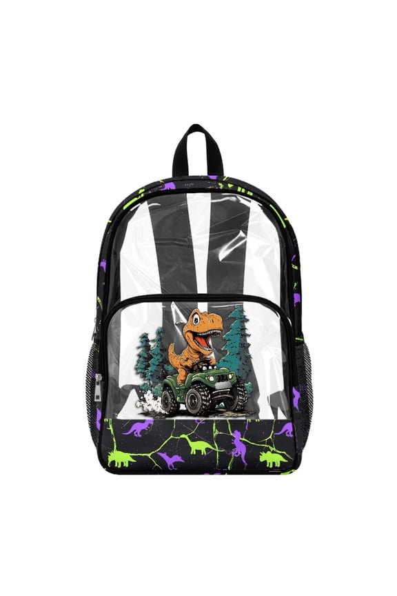 Clear School Backpack for Boys Girls, 17 Inch Transparent Bag Heavy Duty PVC & Polyester Bookbag for Boys Girls, Lightweight Travel Daypack for College, Cartoon T-Rex Dinosaur ATV Pattern