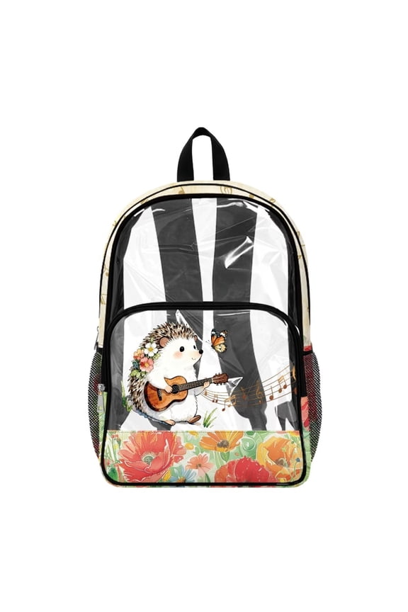 Clear School Backpack for Girls, 17 Inch Transparent PVC Book Bag Heavy Duty See Through Bookbag for Women, Lightweight Travel Daypack for College Work, Flower Hedgehod Guitar