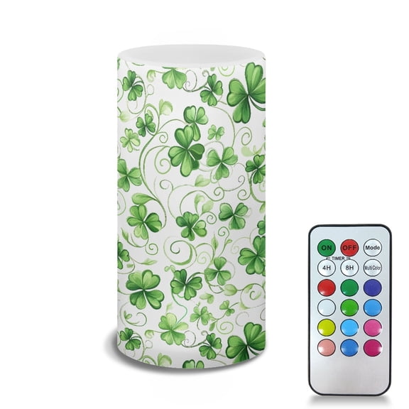 COEQINE Clover Green White Flameless LED Candle Flickering Wick Electric Candles with Remote Timer Color Changing Fake Pillar Candle for St. Patrick's Day Home Indoor Tabletop Wedding Decoration