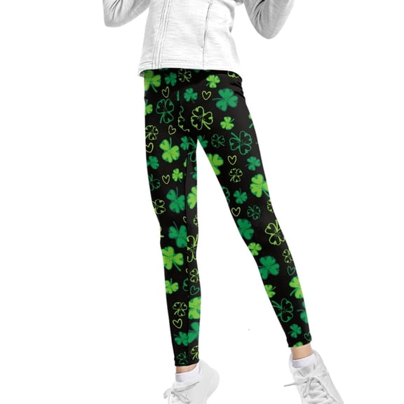 COEQINE Clover Shamrock Love Black Girls Sport Legging Buttery Soft Yoga Legging High Waist Pants for St. Patrick's Day, for 10-11 Years Kids Girls