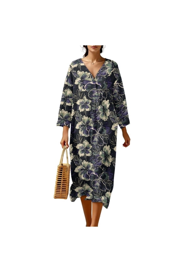 Comfort Plus Size Dress 3/4 Sleeve Wrap V Neck Linen-Like Midi Tunic Dress for Women, Flowy Loose Fit Loungewear 1X 2X 3X 4X, Easy Care, Size 3XL, Bohemian Tropical Hibiscus