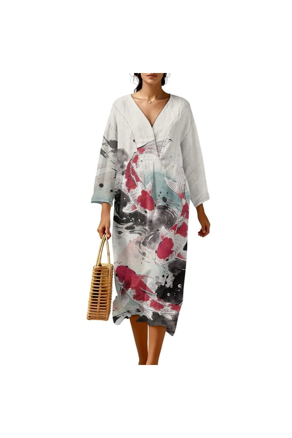 Comfort Plus Size Dress 3/4 Sleeve Wrap V Neck Linen-Like Midi Tunic Dress for Women, Flowy Loose Fit Loungewear Oriental Asian Sundress, Easy Care, Size L, Ink Red Koi Fish