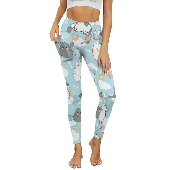 COEQINE Comfortable Yoga Pants for Women with Pockets Hip Lift Tummy Control High Waisted Athletic Leggings Hip Lift Casual Tights, Cat Ball of Yarn Cloud Sun Fish Bone Rainbow Blue, XL