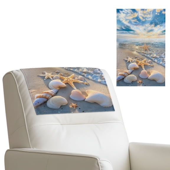 COEQINE Couch Headrest Covers Washable Faux Leather Recliner Headrest Protector Furniture Protector with Hook and Loop Fasteners for Pets, 17x27 Inch, Beach Starfish Seashell Blue, Set of 2