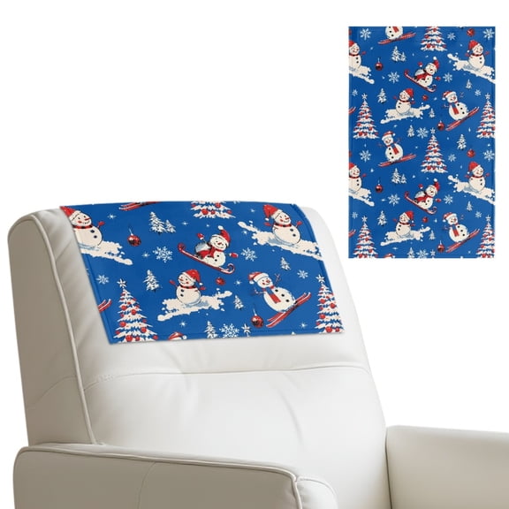 COEQINE Couch Headrest Covers Washable Faux Leather Recliner Headrest Protector Furniture Protector with Hook and Loop Fasteners for Pets, 17x27 Inch, Snowman Christmas Tree Blue
