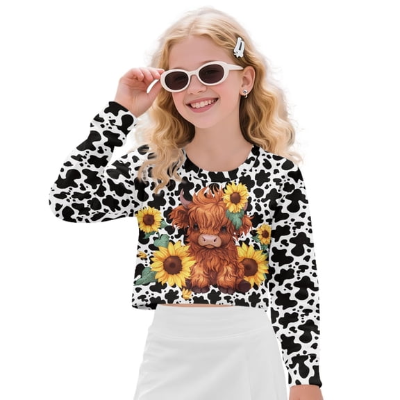 COEQINE Crop Top for Girls Short Length Long Sleeve Sweatshirt, Fall Winter Crewneck Pullover, Cute Casual Loose Fit Tops for Kids 9-10 Years, Highland Cow Sunflower Black